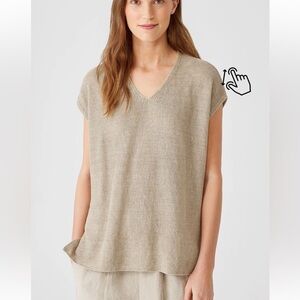 Eileen Fisher Organic Linen Delave V-Neck Knit Top Khaki Tan petite small